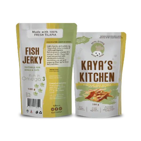 Kaya’s Kitchen Fish Jerky Treats for cats and dogs in Uganda